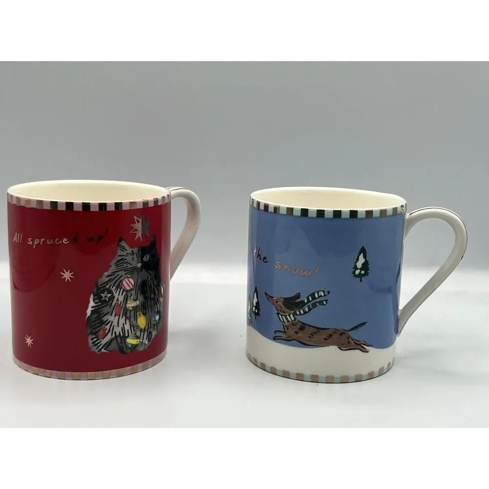 Anthropologie Caroline Holiday Creature Comforts Mug Dog Dachshund Cat Set of 2